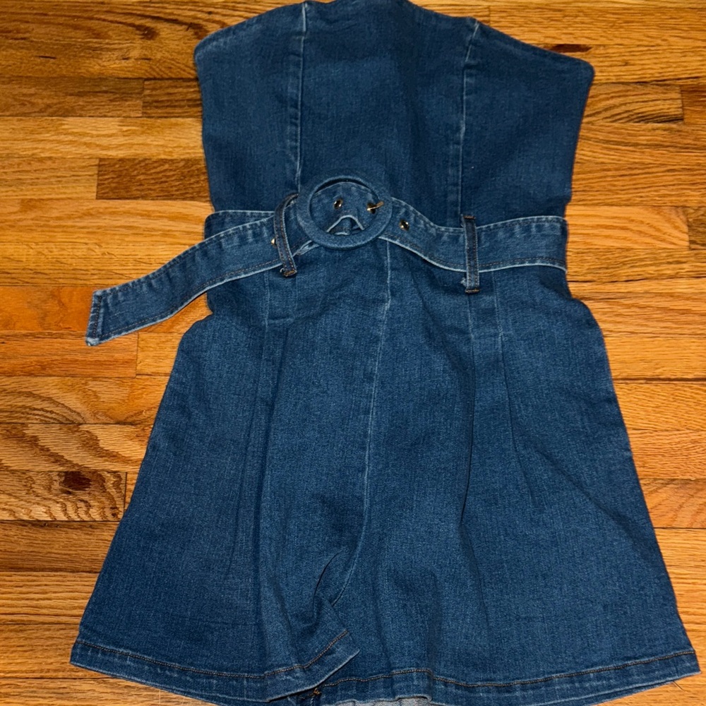 Denim Strapless Romper with Belt